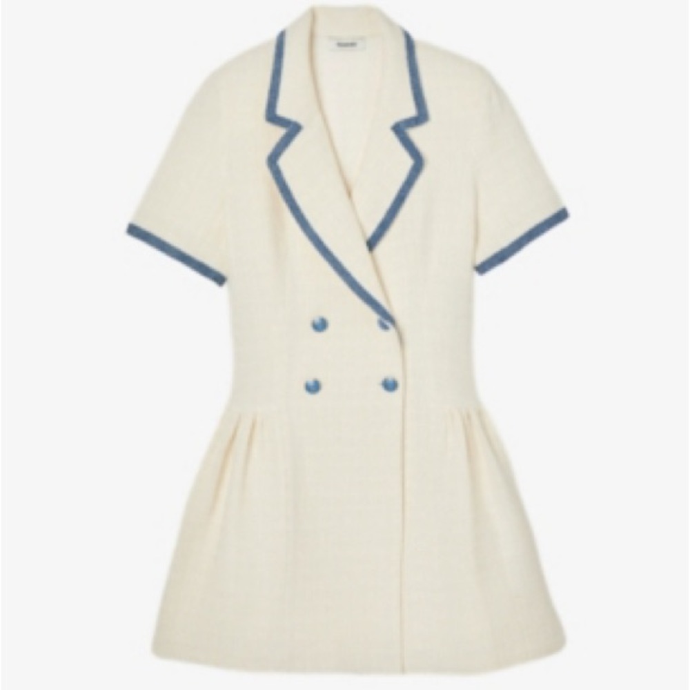 SANDRO Cream Tweed Mini Dress with Blue Trim - Size 36, US Size 4 or Small